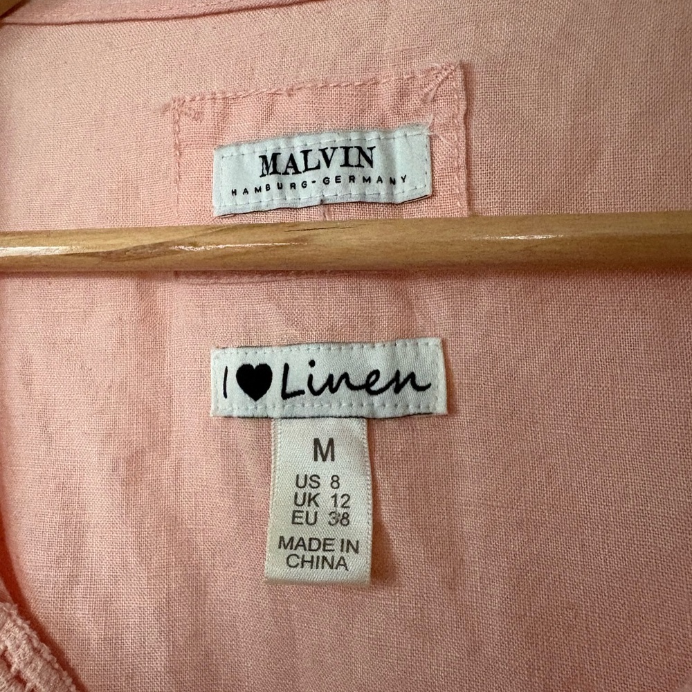 Medium Malvin "I Love Linen" Peach Tunic Dress 3/4 Sleeve Crochet Lace Trim - Picture 2 of 5